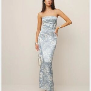 Reformation Blue and White Strapless Floral Jacquard Gown